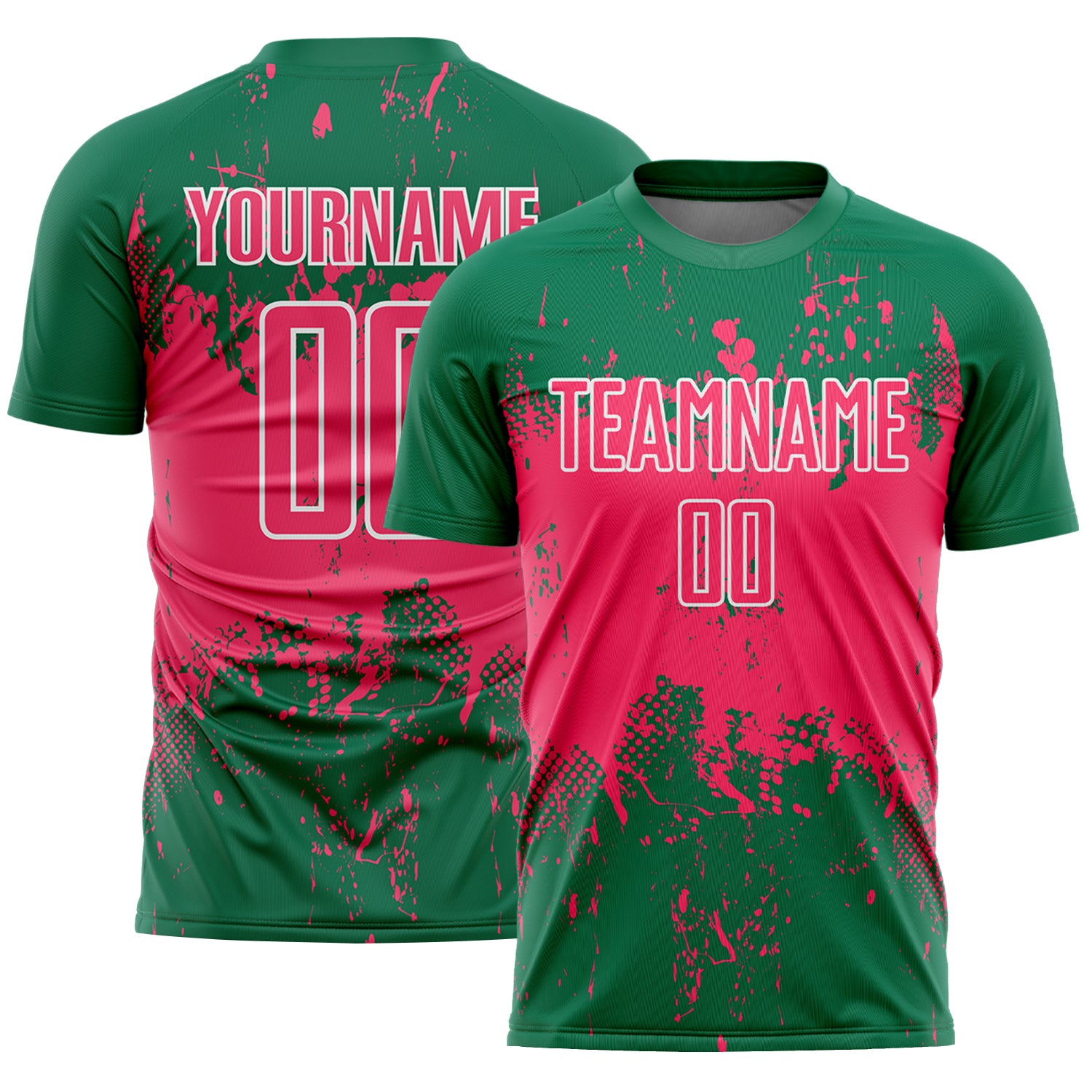 Custom Kelly Green Neon Pink-White Abstract Splatter Grunge Art Sports Sublimation Soccer Uniform Jersey