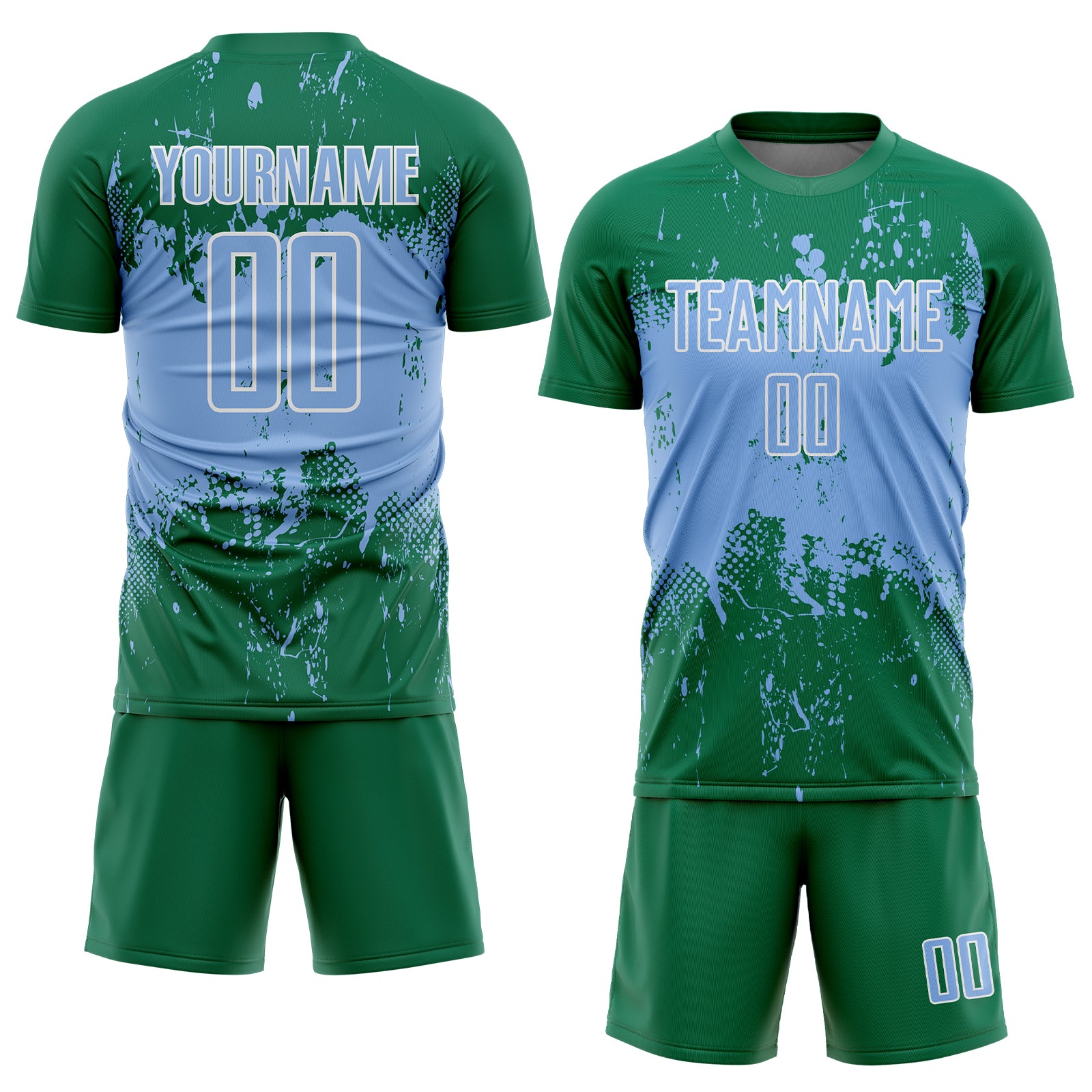 Custom Kelly Green Light Blue-White Abstract Splatter Grunge Art Sports Sublimation Soccer Uniform Jersey
