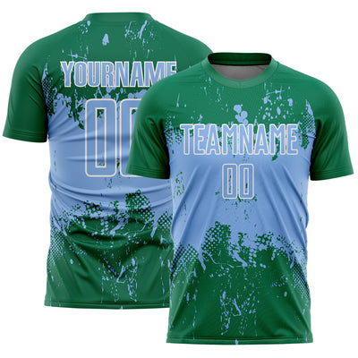 Custom Kelly Green Light Blue-White Abstract Splatter Grunge Art Sports Sublimation Soccer Uniform Jersey