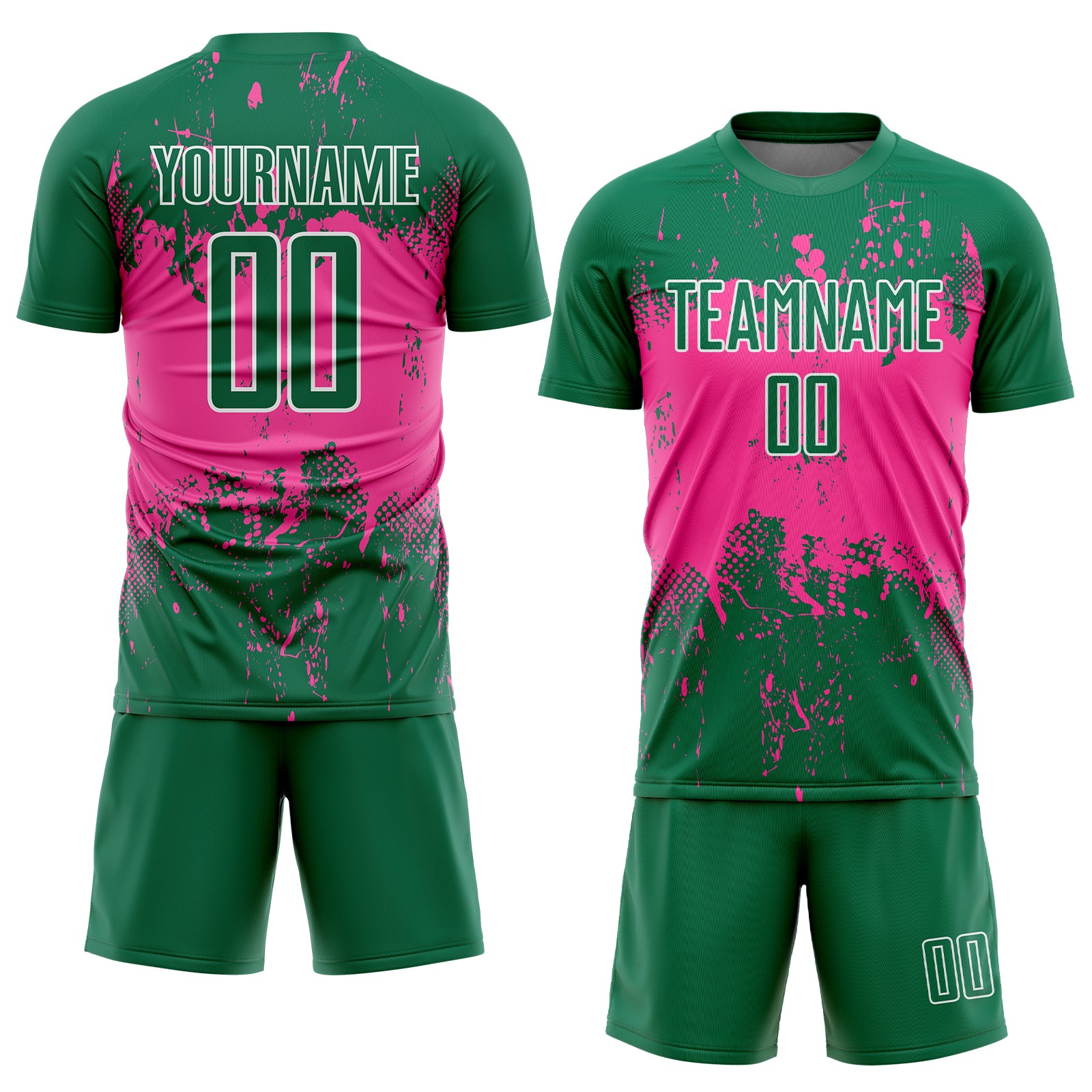 Custom Kelly Green Pink-White Abstract Splatter Grunge Art Sports Sublimation Soccer Uniform Jersey