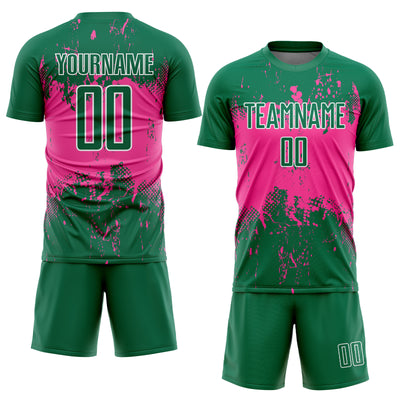 Custom Kelly Green Pink-White Abstract Splatter Grunge Art Sports Sublimation Soccer Uniform Jersey