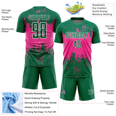 Custom Kelly Green Pink-White Abstract Splatter Grunge Art Sports Sublimation Soccer Uniform Jersey