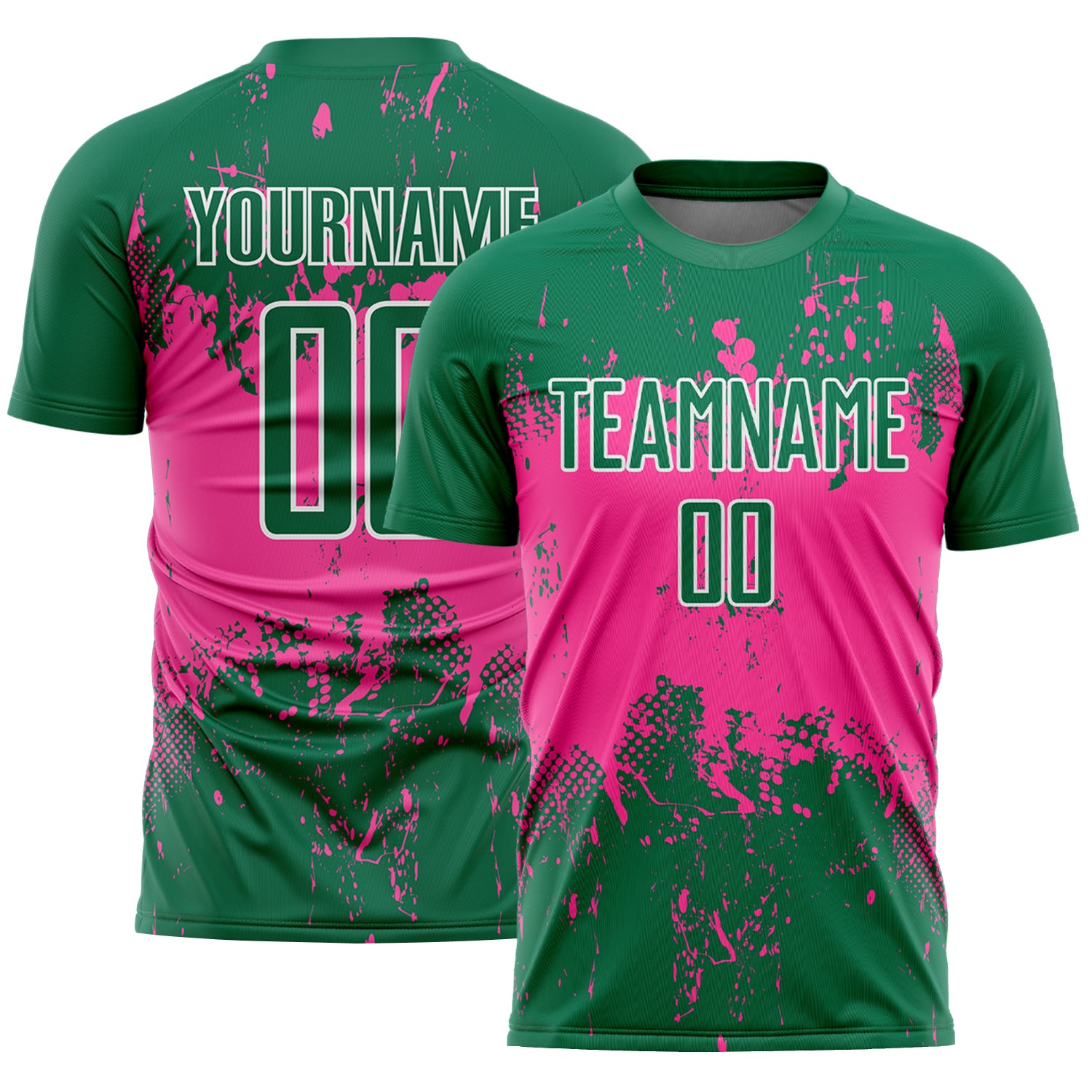 Custom Kelly Green Pink-White Abstract Splatter Grunge Art Sports Sublimation Soccer Uniform Jersey