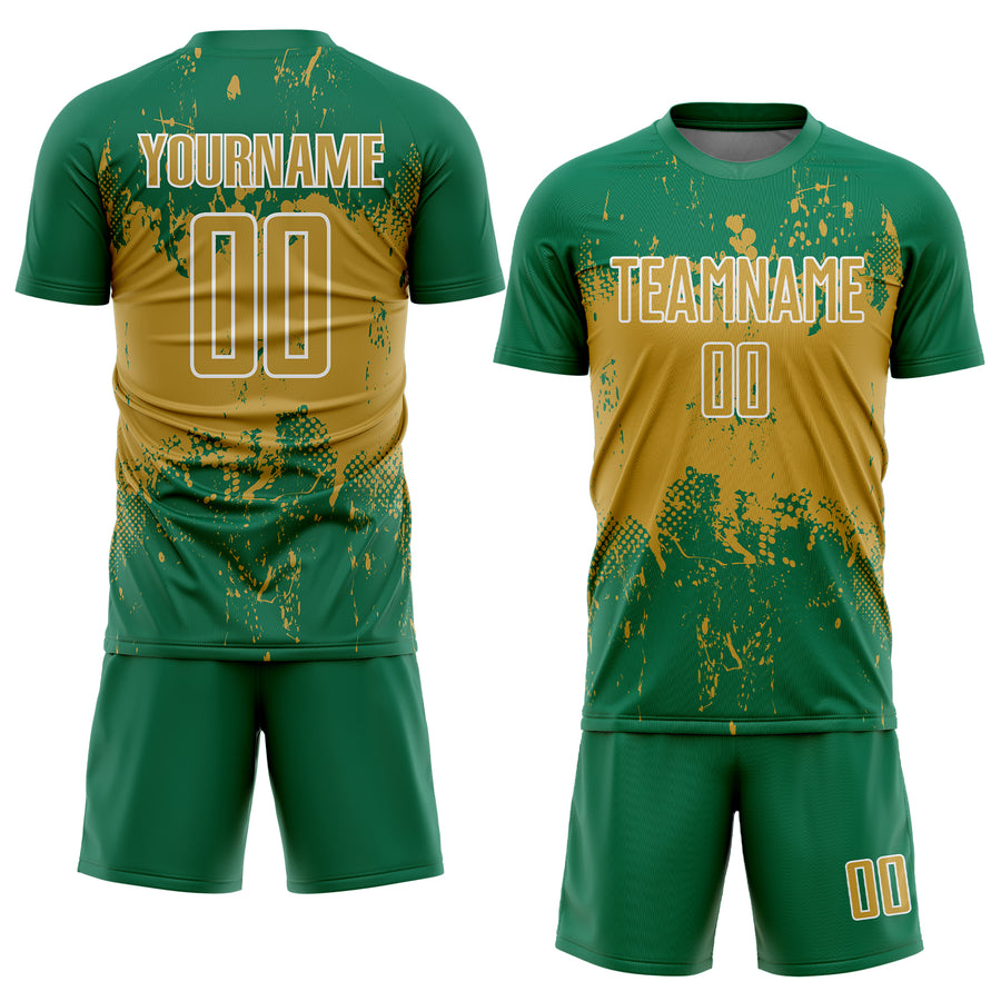 Custom Kelly Green Old Gold-White Abstract Splatter Grunge Art Sports Sublimation Soccer Uniform Jersey