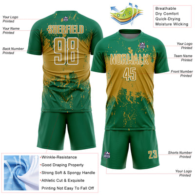 Custom Kelly Green Old Gold-White Abstract Splatter Grunge Art Sports Sublimation Soccer Uniform Jersey