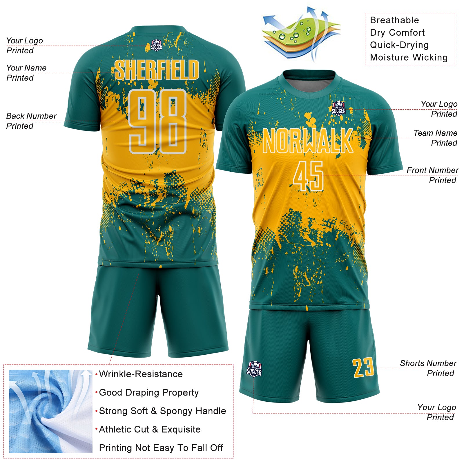 Custom Teal Gold-White Abstract Splatter Grunge Art Sports Sublimation Soccer Uniform Jersey