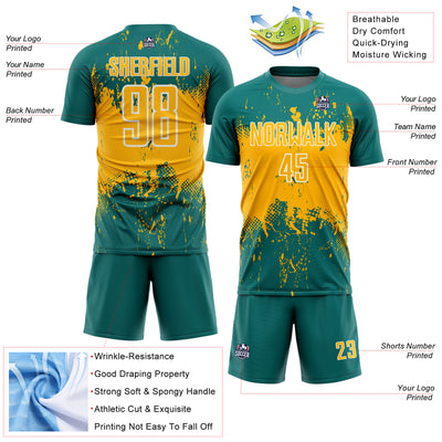 Custom Teal Gold-White Abstract Splatter Grunge Art Sports Sublimation Soccer Uniform Jersey