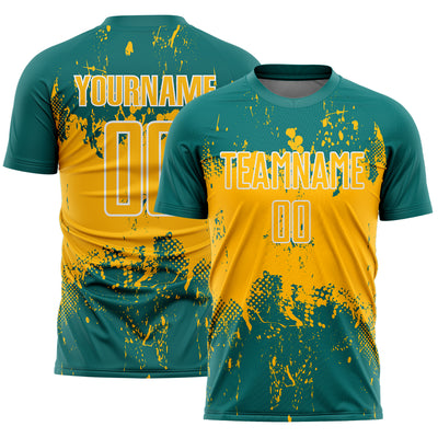 Custom Teal Gold-White Abstract Splatter Grunge Art Sports Sublimation Soccer Uniform Jersey