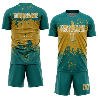 Custom Teal Old Gold-White Abstract Splatter Grunge Art Sports Sublimation Soccer Uniform Jersey