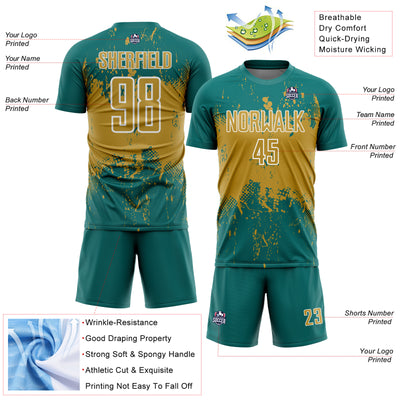 Custom Teal Old Gold-White Abstract Splatter Grunge Art Sports Sublimation Soccer Uniform Jersey