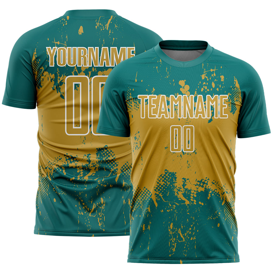 Custom Teal Old Gold-White Abstract Splatter Grunge Art Sports Sublimation Soccer Uniform Jersey