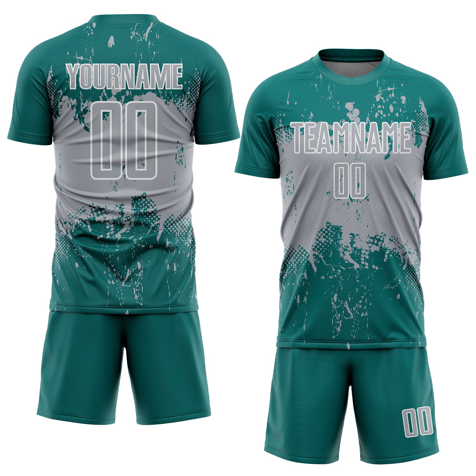 Custom Teal Gray-White Abstract Splatter Grunge Art Sports Sublimation Soccer Uniform Jersey