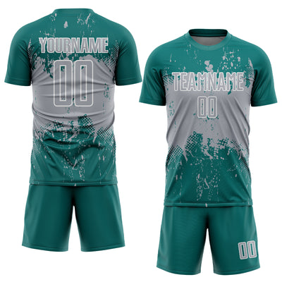 Custom Teal Gray-White Abstract Splatter Grunge Art Sports Sublimation Soccer Uniform Jersey
