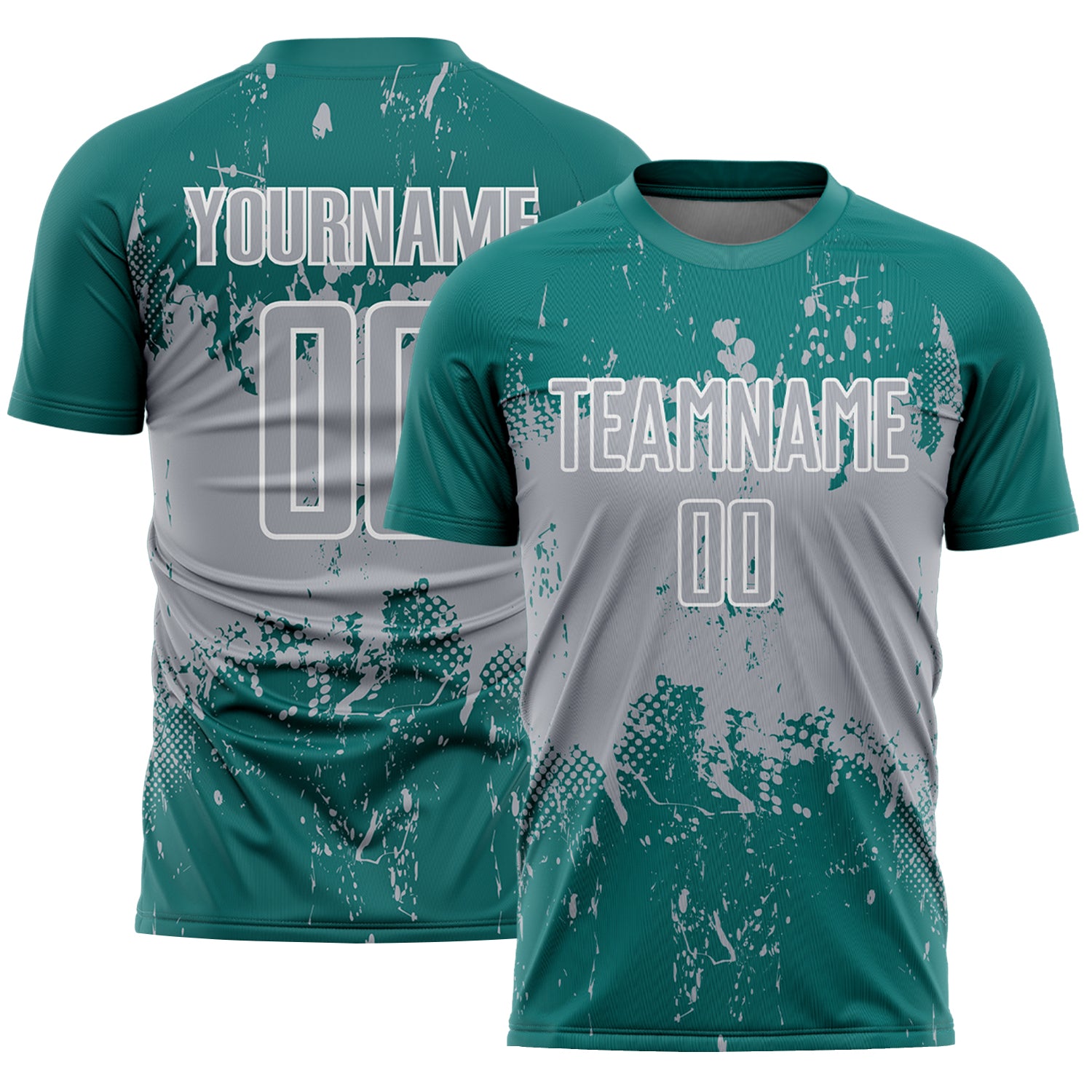 Custom Teal Gray-White Abstract Splatter Grunge Art Sports Sublimation Soccer Uniform Jersey