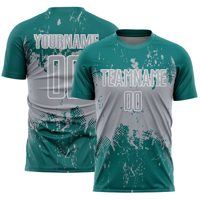 Custom Teal Gray-White Abstract Splatter Grunge Art Sports Sublimation Soccer Uniform Jersey