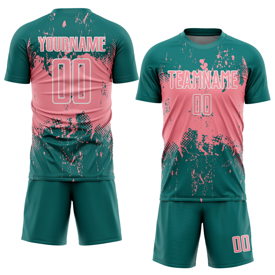 Custom Teal Medium Pink-White Abstract Splatter Grunge Art Sports Sublimation Soccer Uniform Jersey