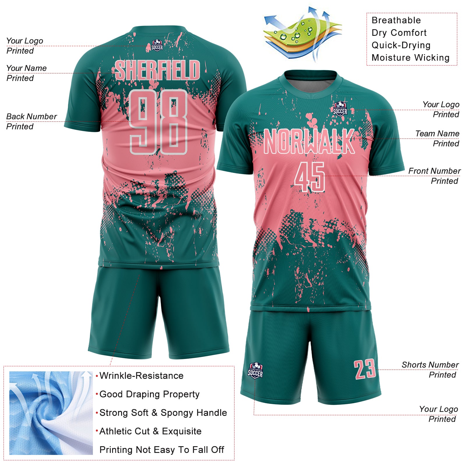 Custom Teal Medium Pink-White Abstract Splatter Grunge Art Sports Sublimation Soccer Uniform Jersey