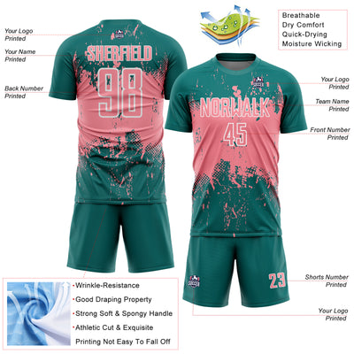 Custom Teal Medium Pink-White Abstract Splatter Grunge Art Sports Sublimation Soccer Uniform Jersey