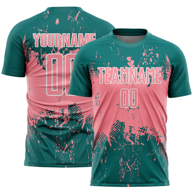 Custom Teal Medium Pink-White Abstract Splatter Grunge Art Sports Sublimation Soccer Uniform Jersey