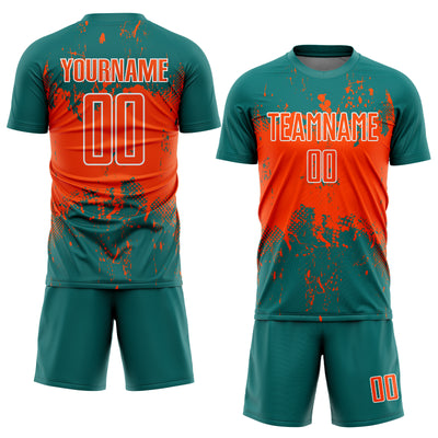 Custom Teal Orange-White Abstract Splatter Grunge Art Sports Sublimation Soccer Uniform Jersey