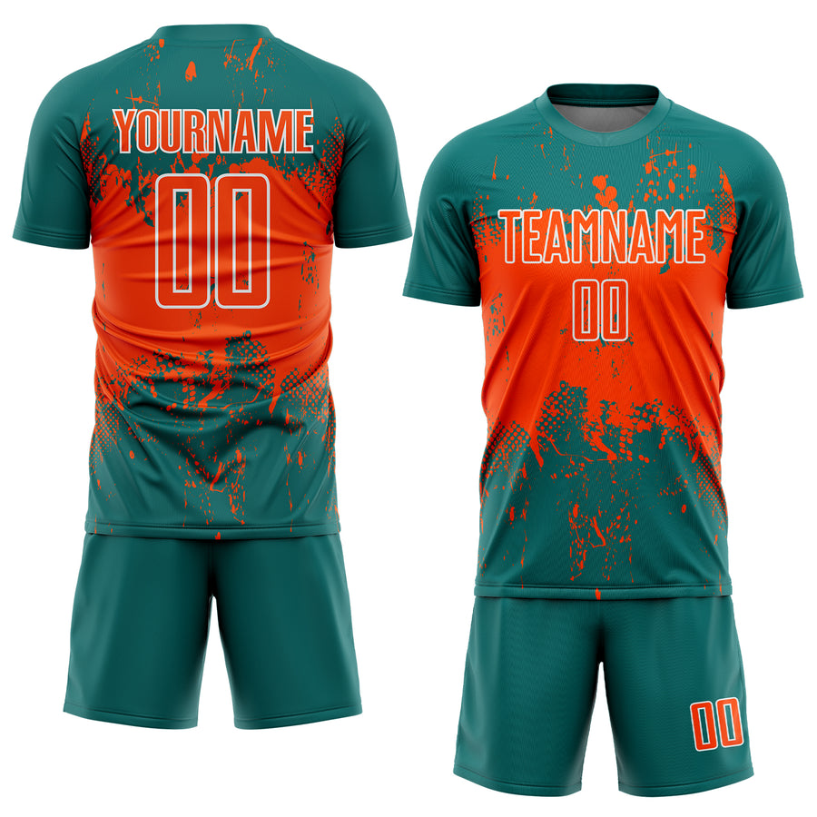 Custom Teal Orange-White Abstract Splatter Grunge Art Sports Sublimation Soccer Uniform Jersey