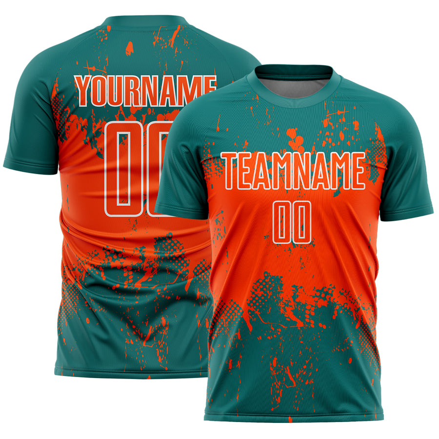 Custom Teal Orange-White Abstract Splatter Grunge Art Sports Sublimation Soccer Uniform Jersey
