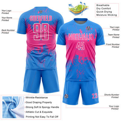 Custom Powder Blue Pink-White Abstract Splatter Grunge Art Sports Sublimation Soccer Uniform Jersey