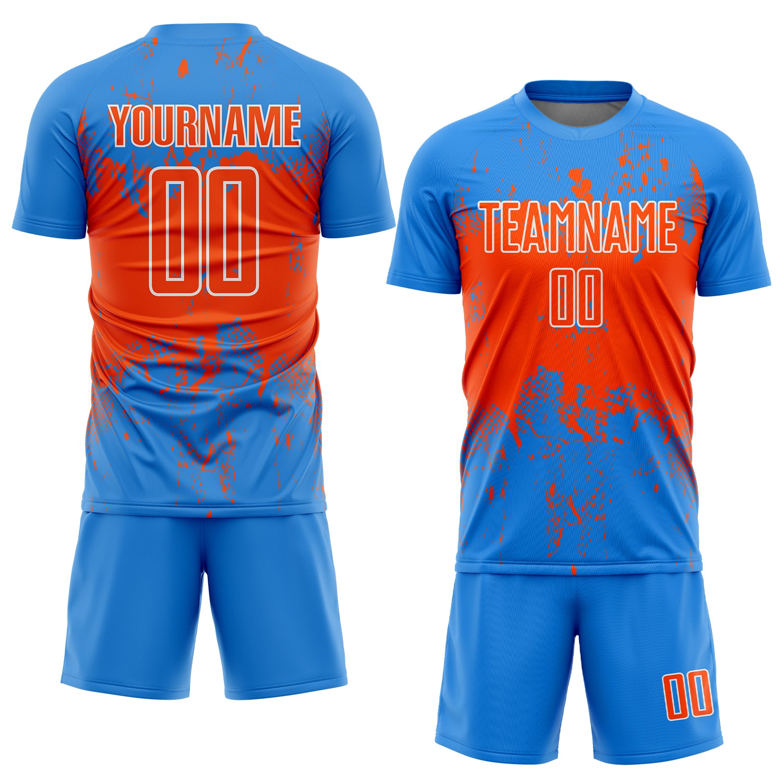 Custom Powder Blue Orange-White Abstract Splatter Grunge Art Sports Sublimation Soccer Uniform Jersey