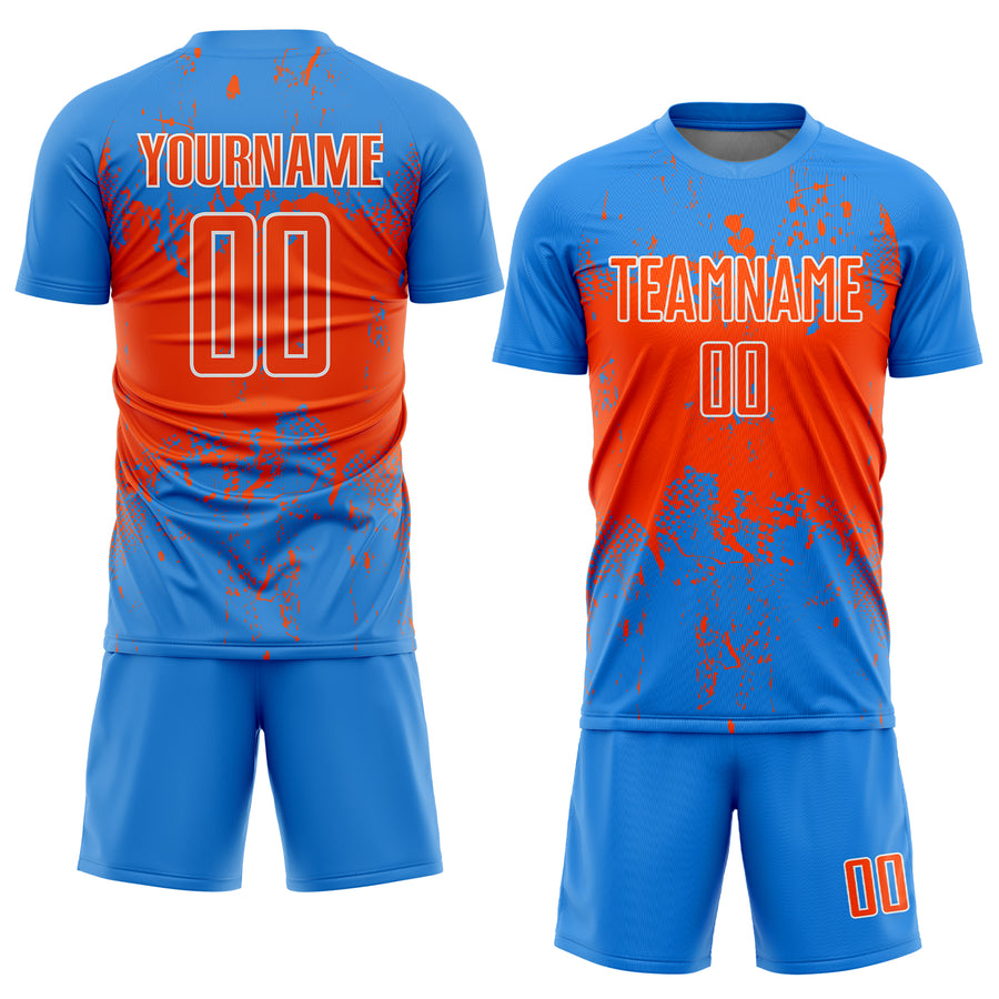 Custom Powder Blue Orange-White Abstract Splatter Grunge Art Sports Sublimation Soccer Uniform Jersey