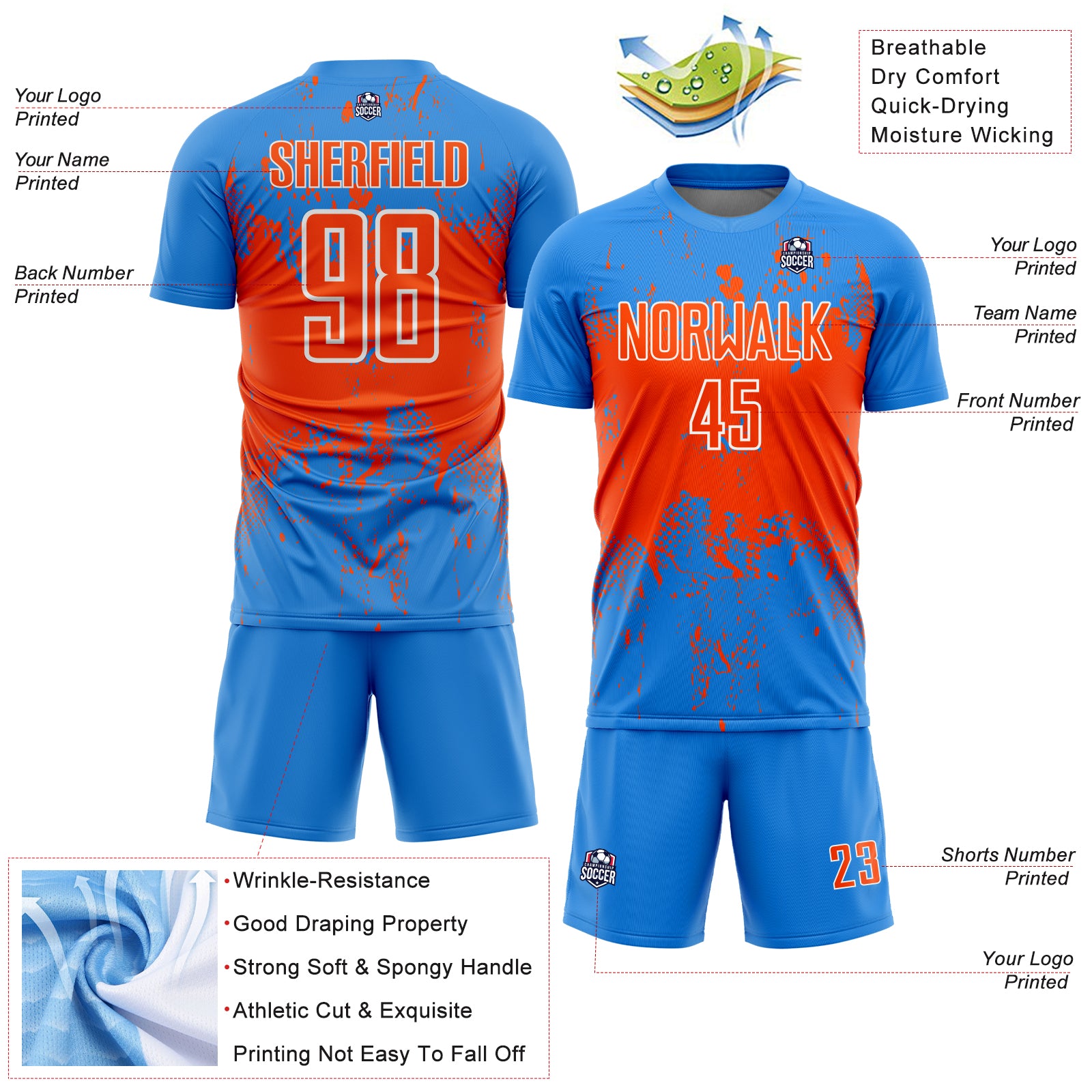 Custom Powder Blue Orange-White Abstract Splatter Grunge Art Sports Sublimation Soccer Uniform Jersey