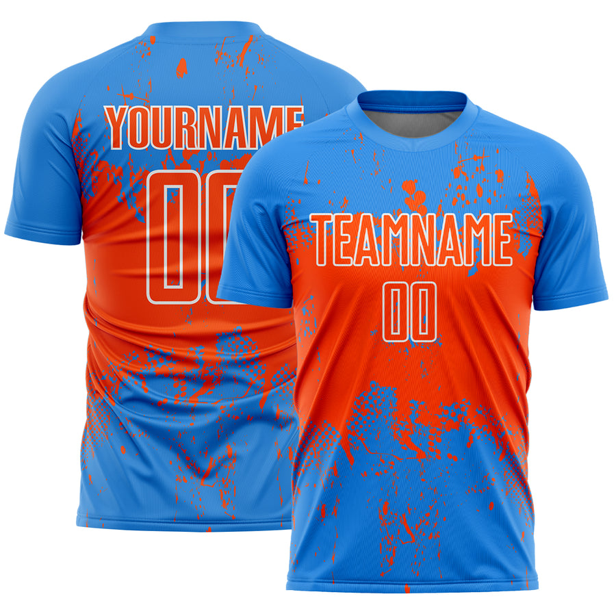 Custom Powder Blue Orange-White Abstract Splatter Grunge Art Sports Sublimation Soccer Uniform Jersey