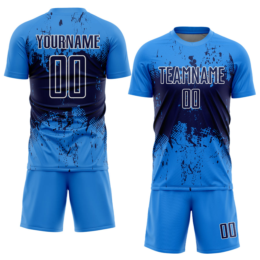 Custom Powder Blue Navy-White Abstract Splatter Grunge Art Sports Sublimation Soccer Uniform Jersey