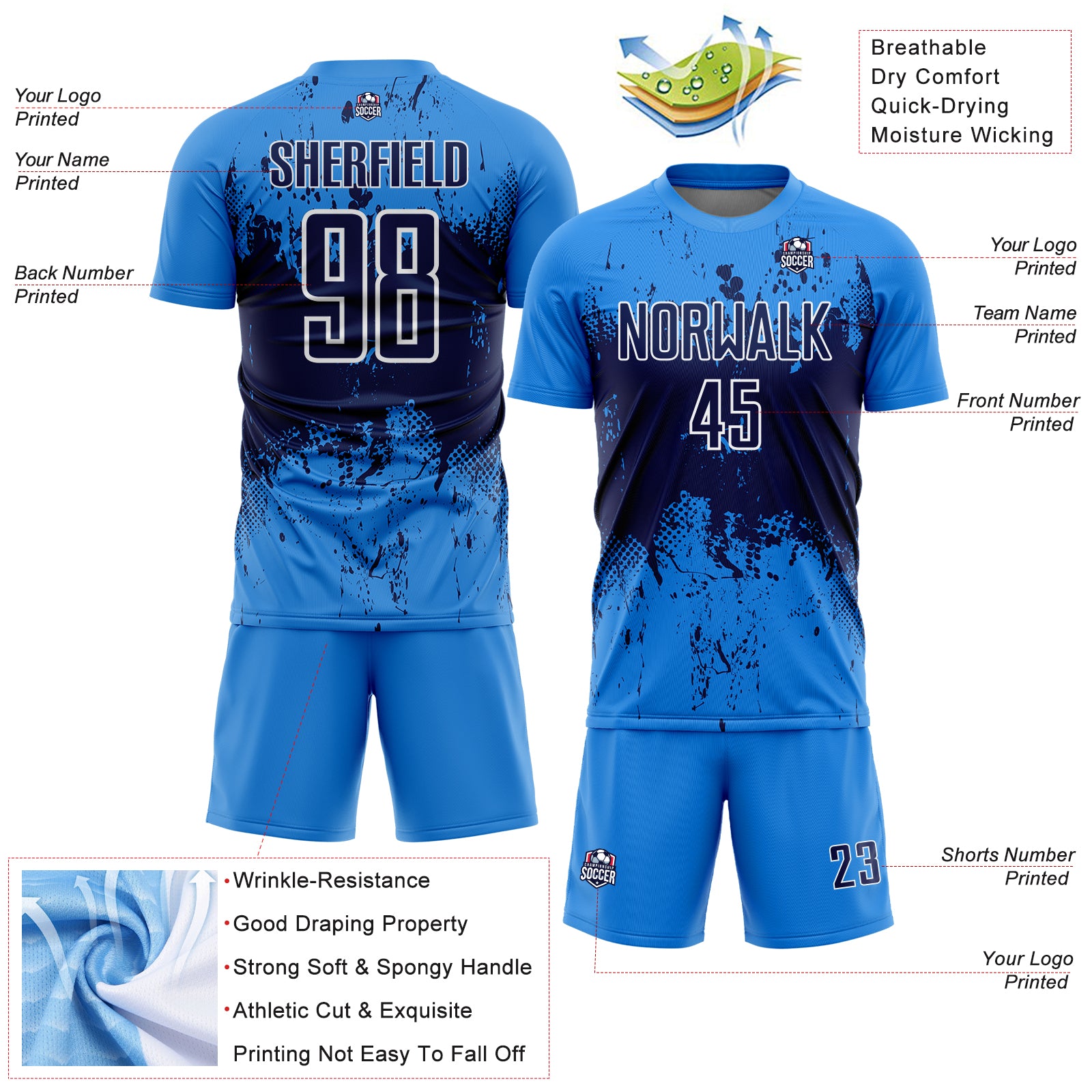 Custom Powder Blue Navy-White Abstract Splatter Grunge Art Sports Sublimation Soccer Uniform Jersey