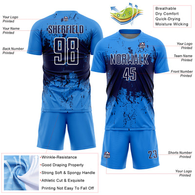 Custom Powder Blue Navy-White Abstract Splatter Grunge Art Sports Sublimation Soccer Uniform Jersey