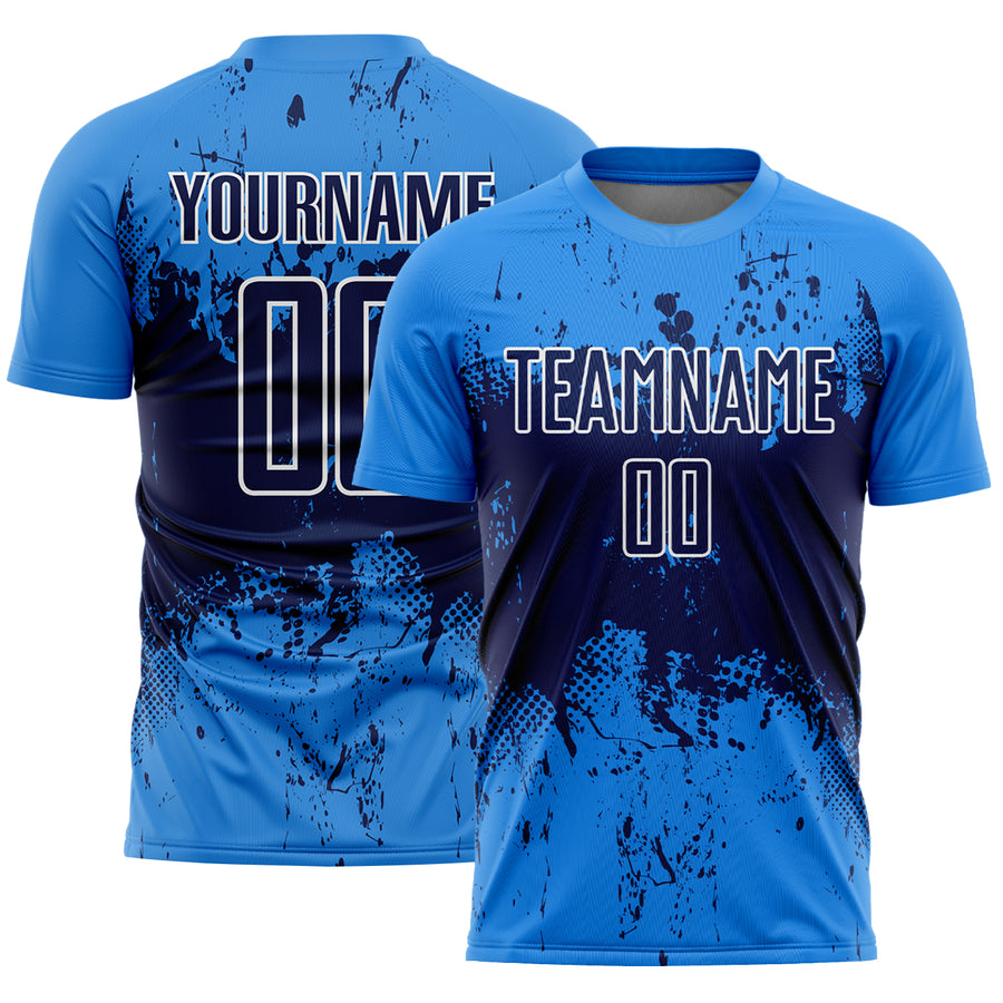 Custom Powder Blue Navy-White Abstract Splatter Grunge Art Sports Sublimation Soccer Uniform Jersey