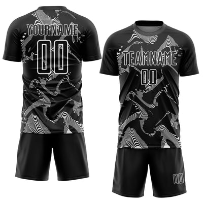 Custom Black White Curve Lines Sports Sublimation Soccer Uniform Jersey