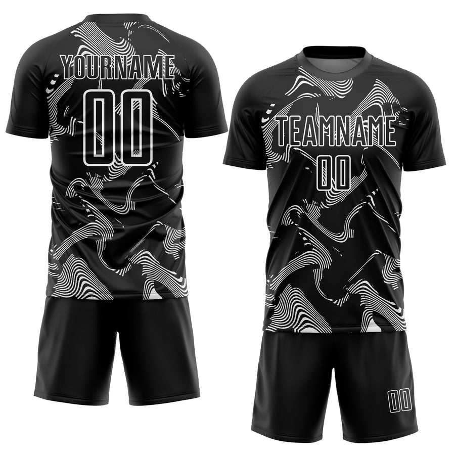 Custom Black White Curve Lines Sports Sublimation Soccer Uniform Jersey