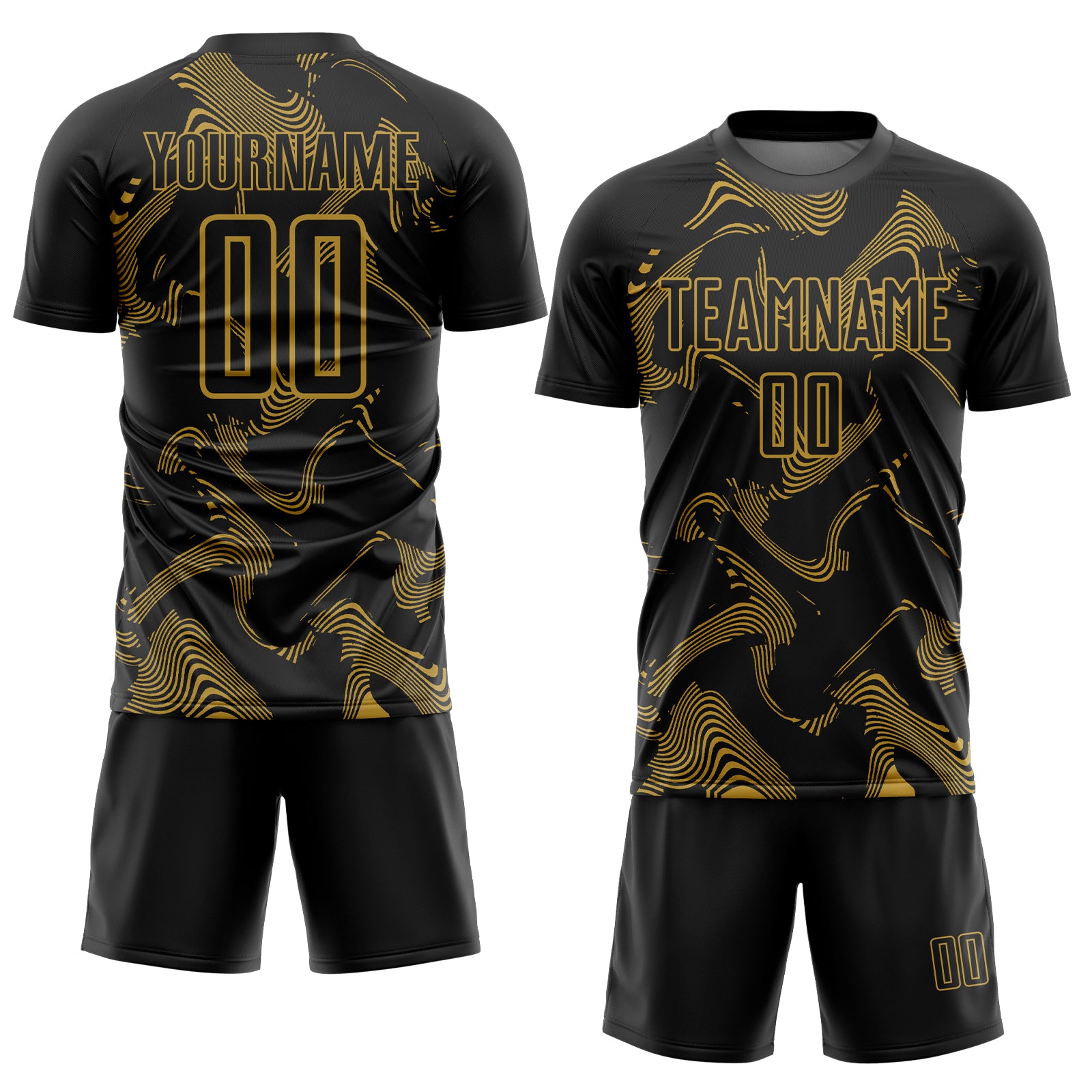 Custom Black Old Gold Curve Lines Sports Sublimation Soccer Uniform Jersey