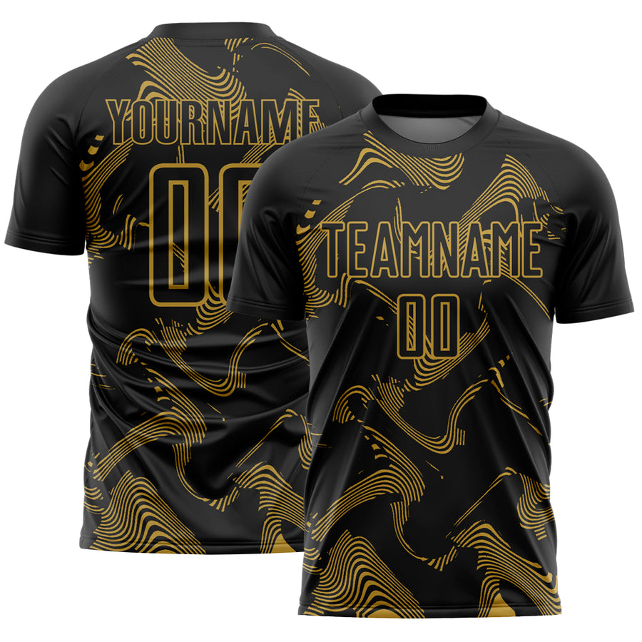 Custom Black Old Gold Curve Lines Sports Sublimation Soccer Uniform Jersey