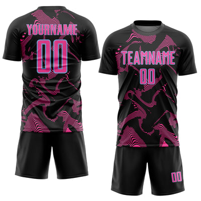 Custom Black Pink-Light Blue Curve Lines Sports Sublimation Soccer Uniform Jersey