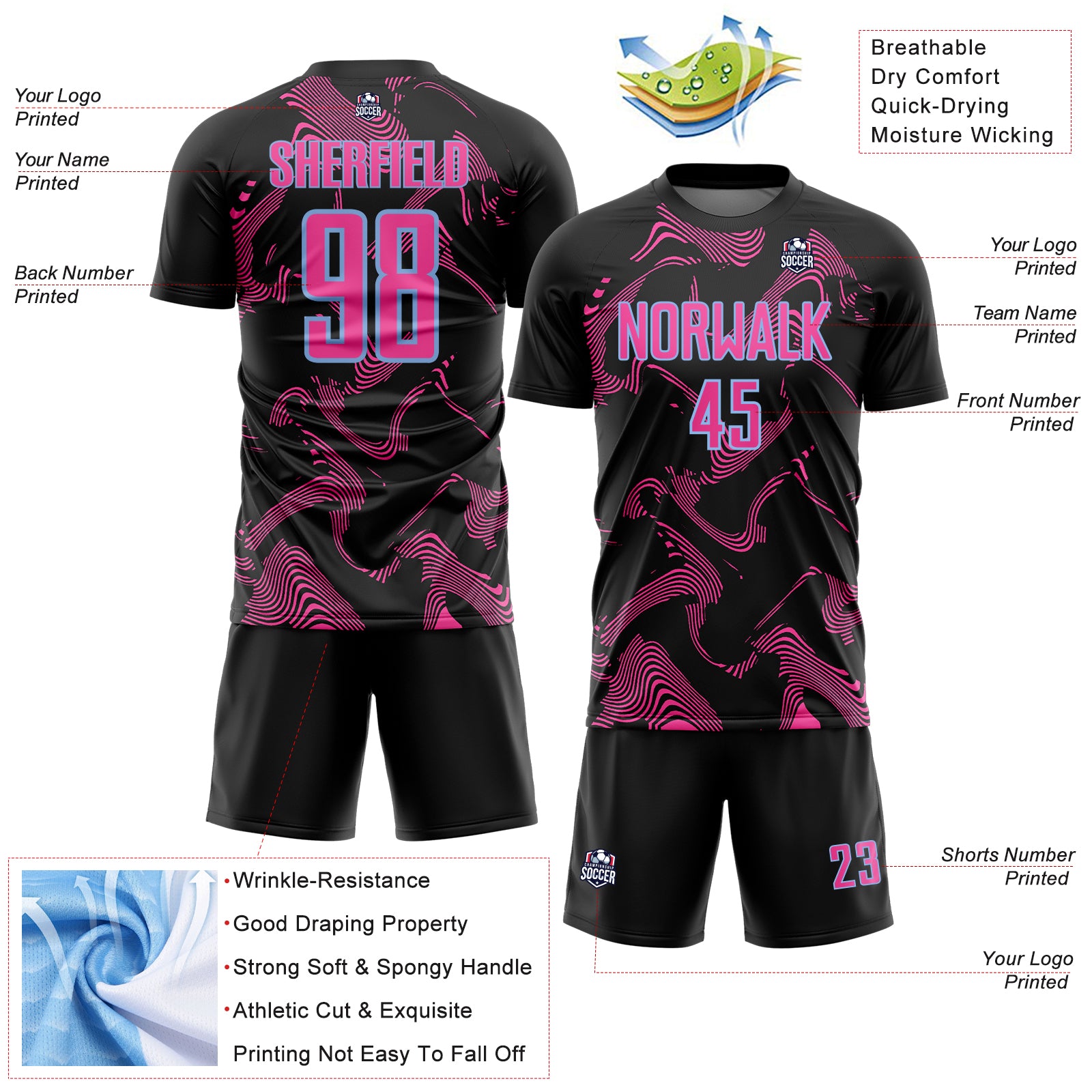 Custom Black Pink-Light Blue Curve Lines Sports Sublimation Soccer Uniform Jersey