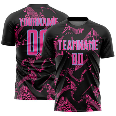 Custom Black Pink-Light Blue Curve Lines Sports Sublimation Soccer Uniform Jersey