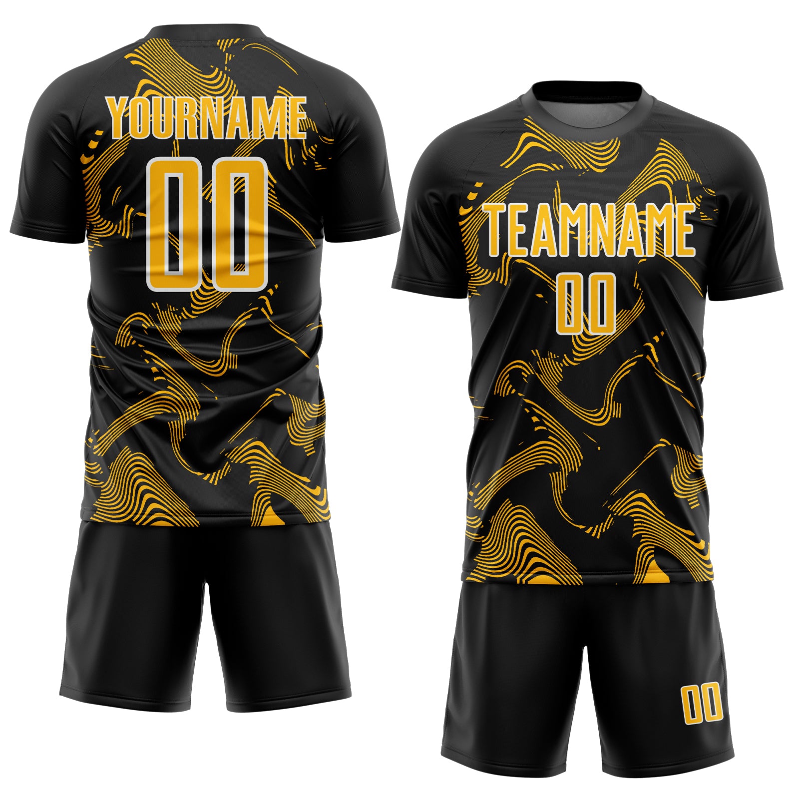 Custom Black Gold-White Curve Lines Sports Sublimation Soccer Uniform Jersey
