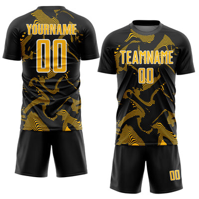 Custom Black Gold-White Curve Lines Sports Sublimation Soccer Uniform Jersey