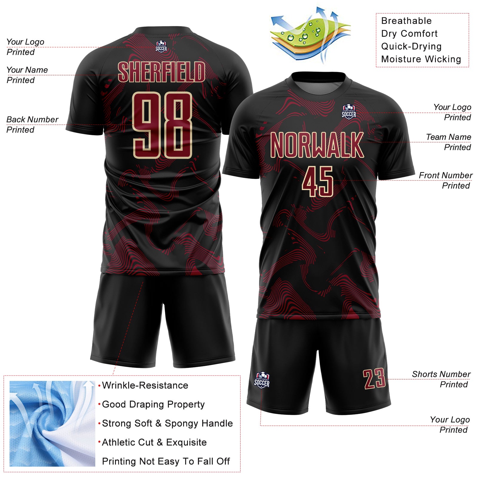 Custom Black Crimson-Cream Curve Lines Sports Sublimation Soccer Uniform Jersey