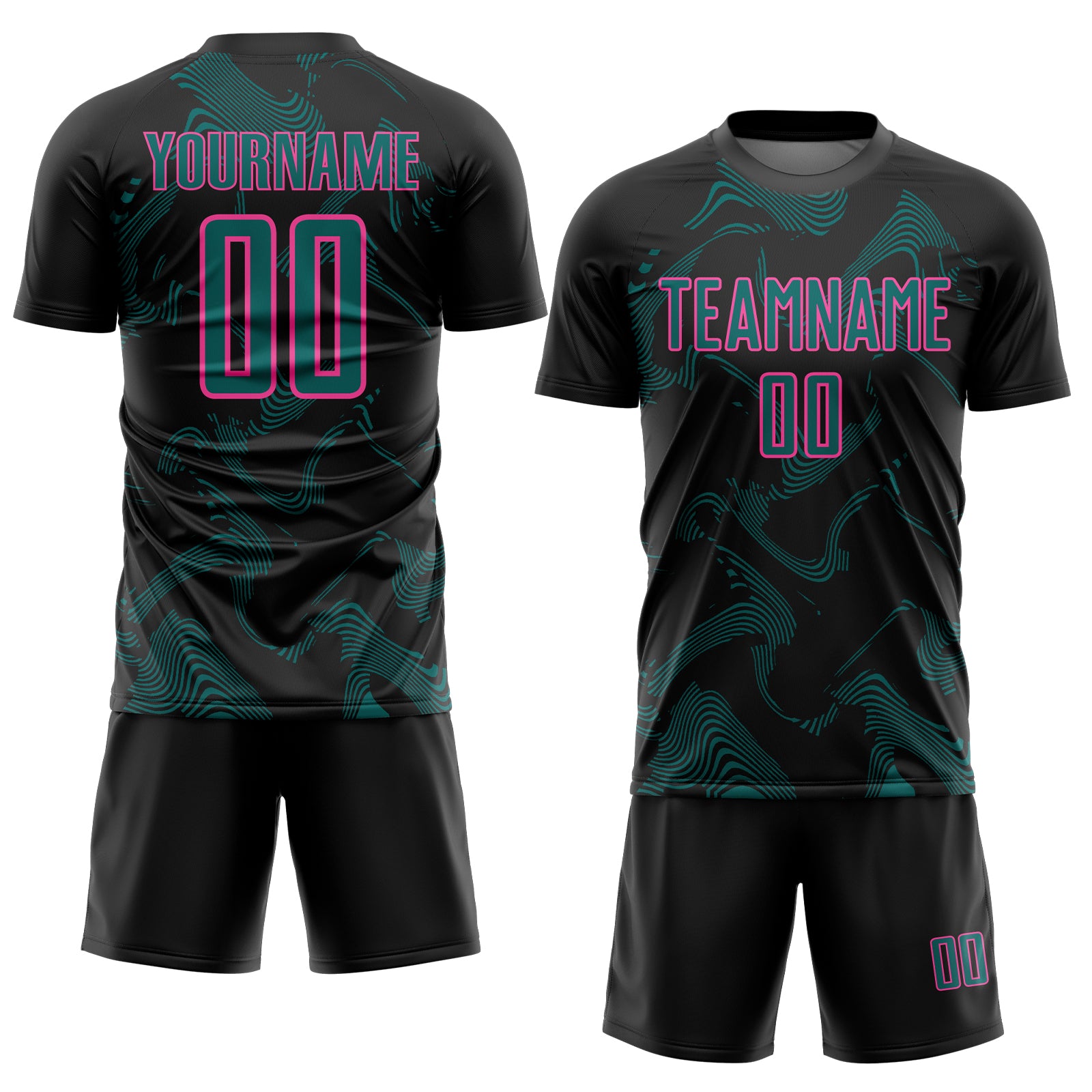 Custom Black Teal-Pink Curve Lines Sports Sublimation Soccer Uniform Jersey
