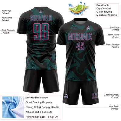Custom Black Teal-Pink Curve Lines Sports Sublimation Soccer Uniform Jersey