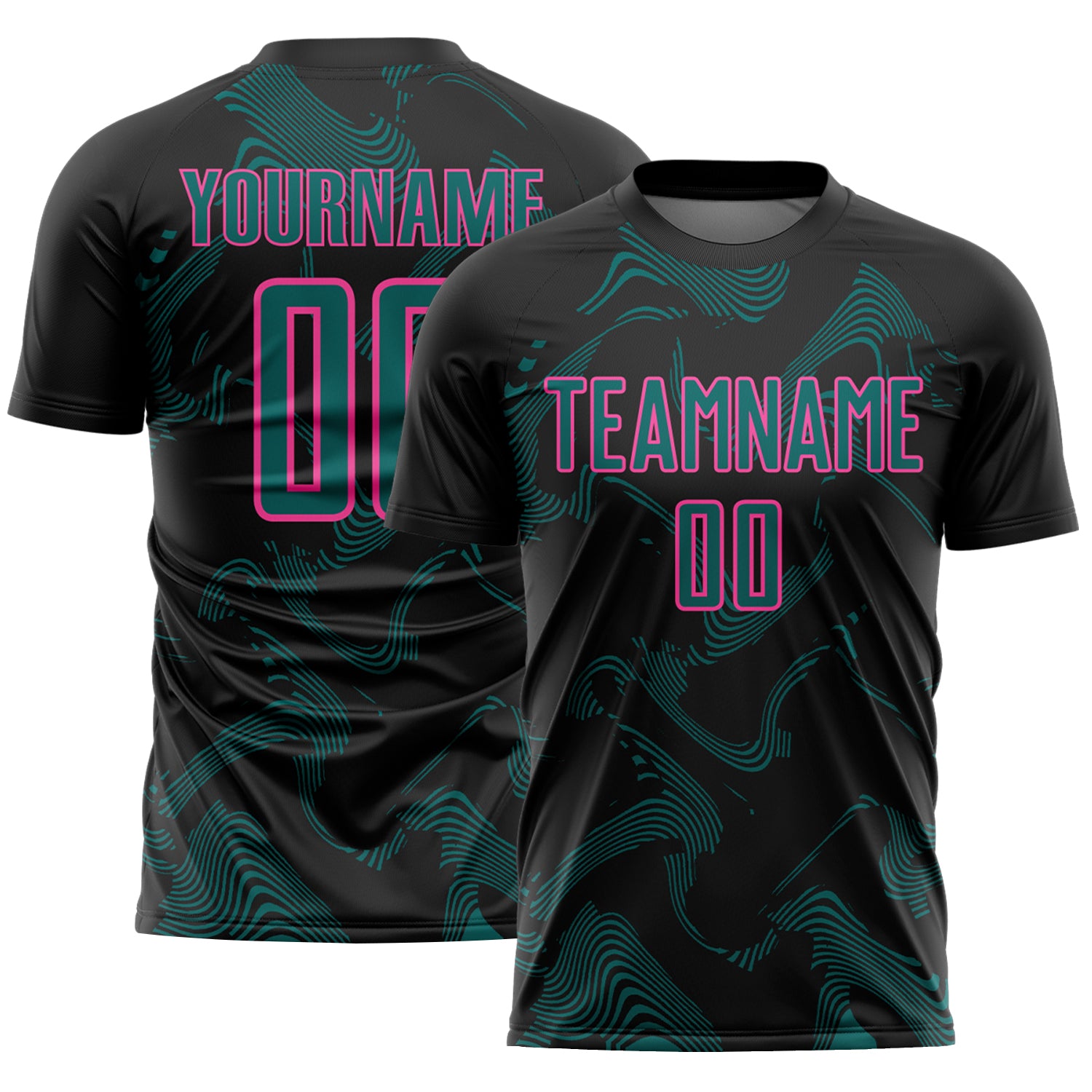 Custom Black Teal-Pink Curve Lines Sports Sublimation Soccer Uniform Jersey