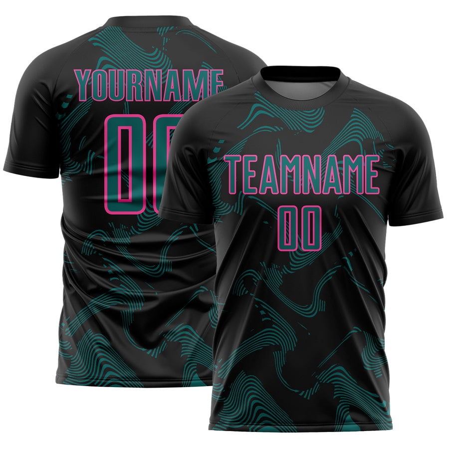 Custom Black Teal-Pink Curve Lines Sports Sublimation Soccer Uniform Jersey