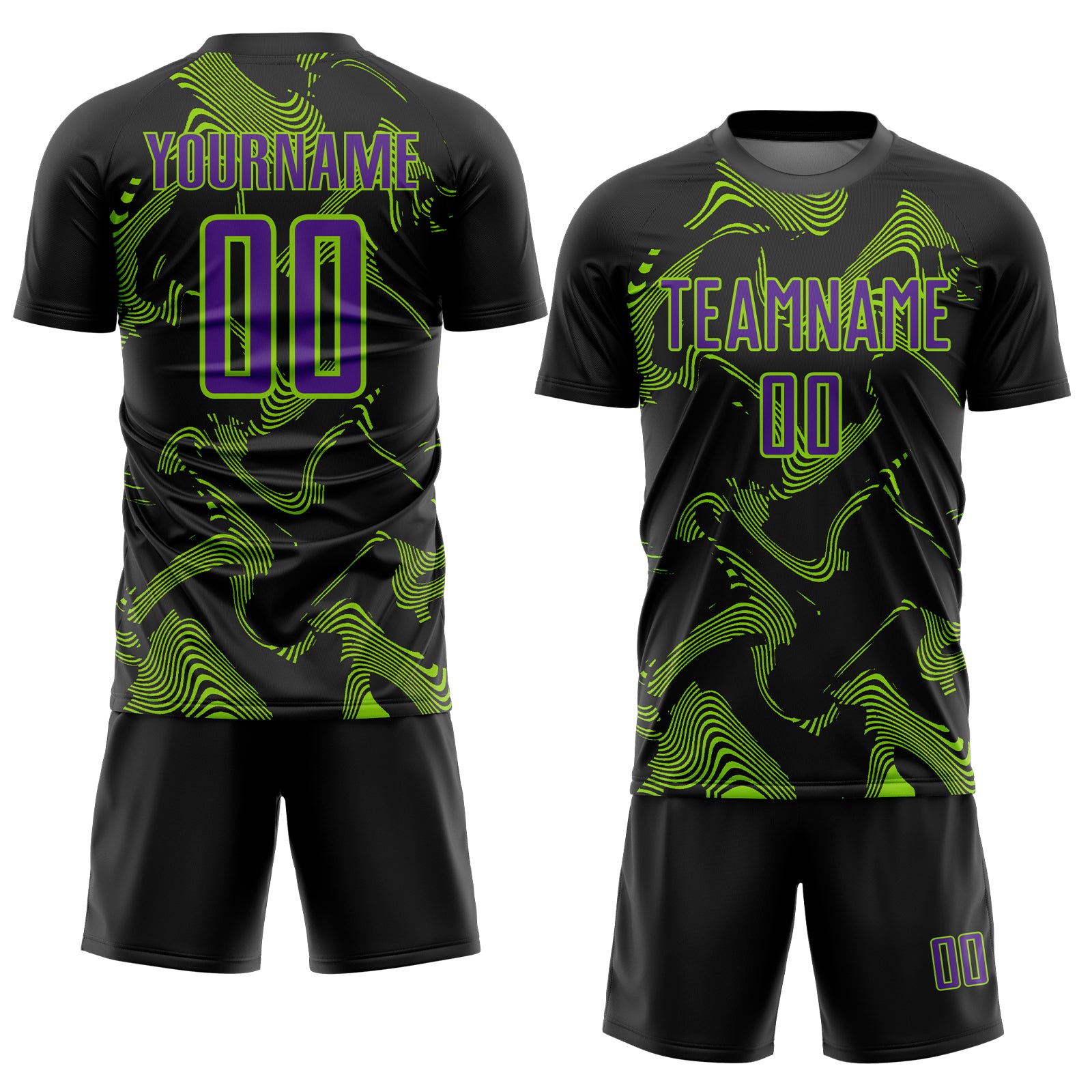 Custom Black Purple-Neon Green Curve Lines Sports Sublimation Soccer Uniform Jersey